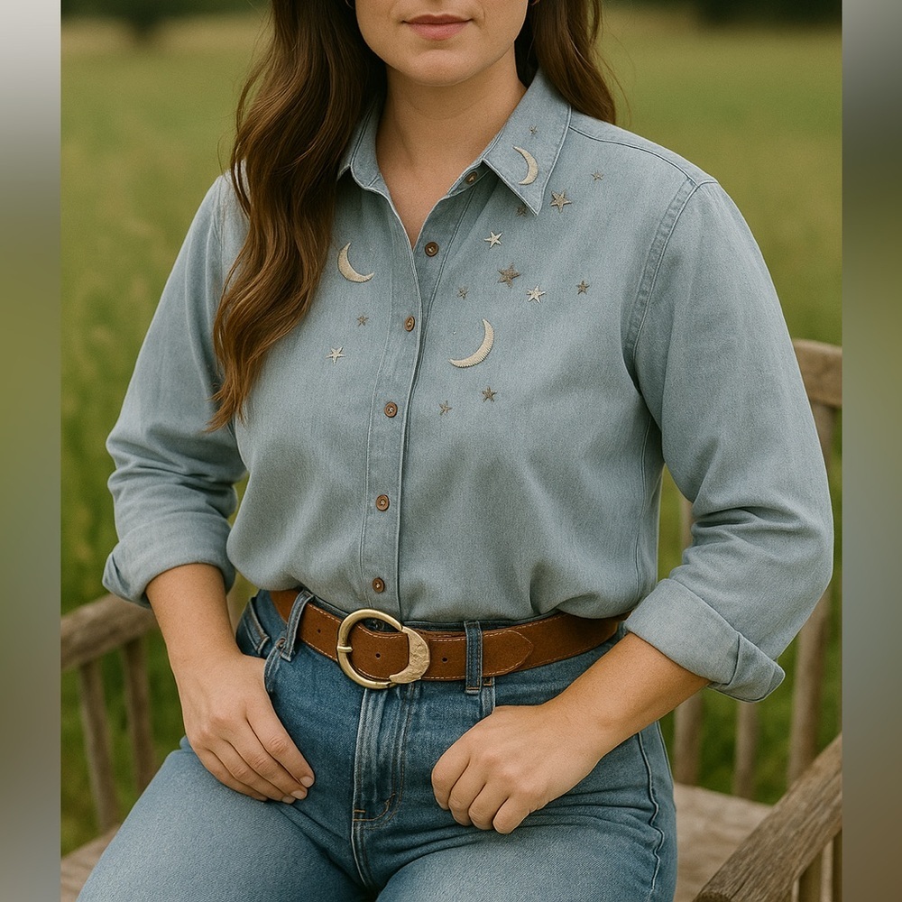 Foxcroft Chambray Moon & Stars Embroidered Shirt (Size 12)